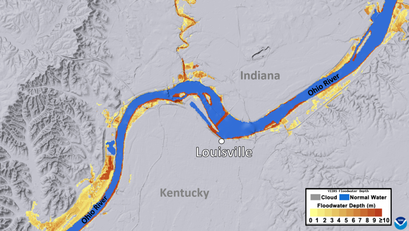 Map of Ohio River flooding from VIIRS on NOAA-20, NOAA-21, and Suomi NPP, April 7, 2025