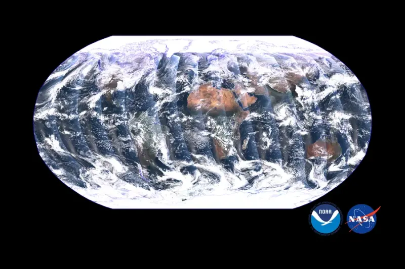 This global mosaic, captured by the VIIRS instrument on the NOAA-21 satellite, is a composite image created from these swaths over a period of 24 hours between Dec. 5 and Dec. 6, 2022.