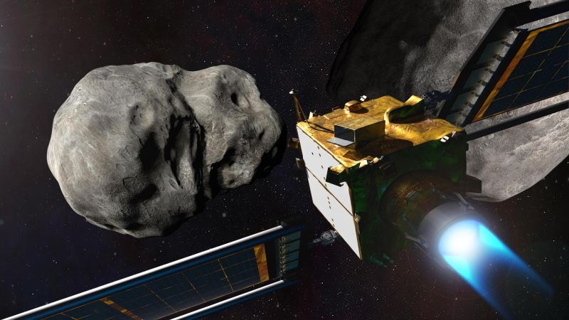 Artist’s impression of NASA’s DART mission, which collided with the asteroid Dimorphos in 2022 to test planetary defense techniques. Open science data practices help researchers identify asteroids that pose a hazard to Earth, opening the possibility for deflection should an impact threat be identified.