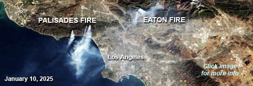 Smoke plumes of Palisades and Eaton Fires, January 14, 2025.
