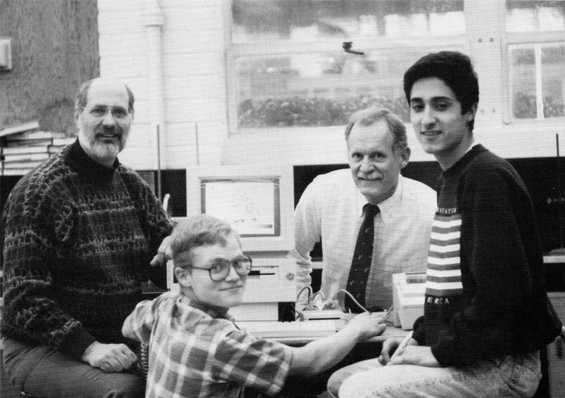 The Satellite Educators Association’s Pete Arvedson, Duane Larsen, and students in front of their ground station at La Puente California High School in 1990.