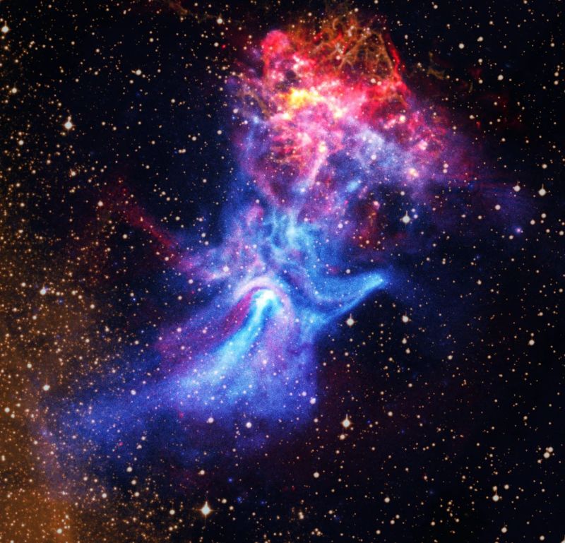 Near the center of this image from NASA’s Chandra X-ray Observatory lies the pulsar B1509-58, a rapidly spinning neutron star that is only about 12 miles in diameter. 