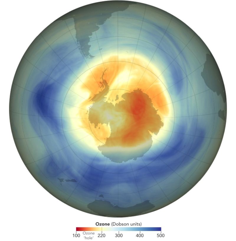 This illustration shows the size and shape of the ozone hole over the South Pole on the day of its 2025 maximum extent.