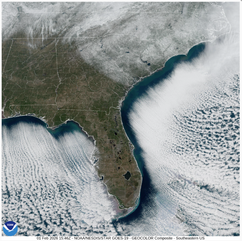 GOES East geocolor composite image of southeastern United States, Feb. 1, 2026