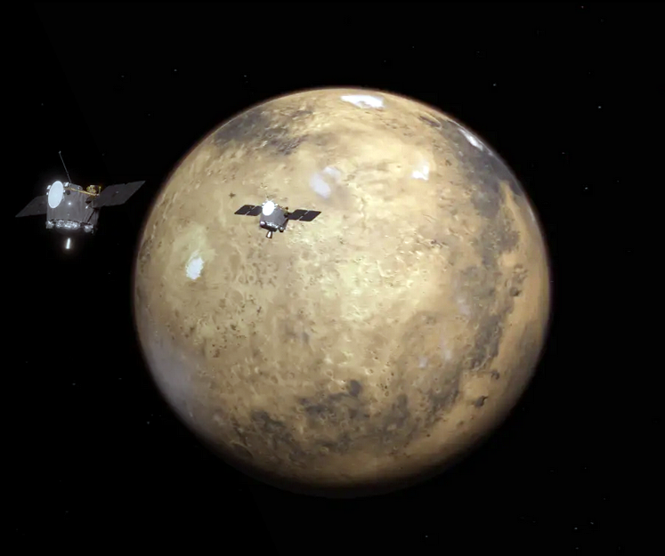An artist’s concept shows the two ESCAPADE spacecraft at Mars.