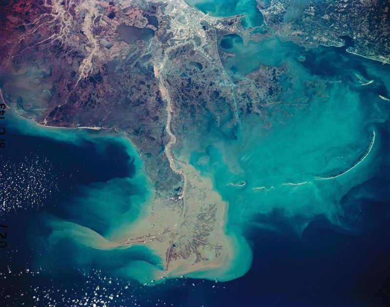 Mississippi River delta seen from Space Shuttle, January 1985