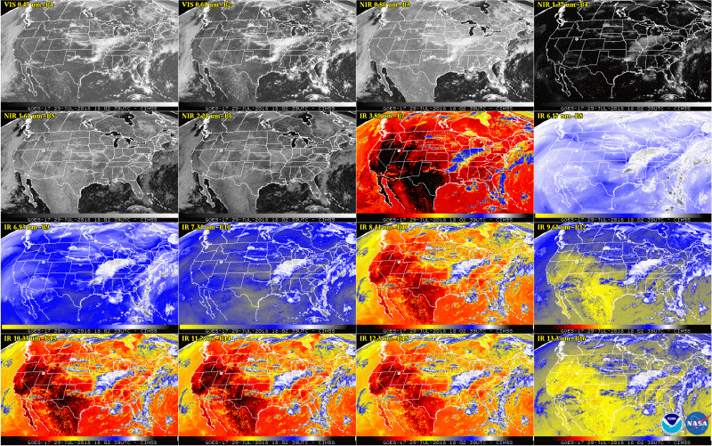 16 radiance bands from GOES-17. Time is 29 July 2018 at 18:02:39 UTC
