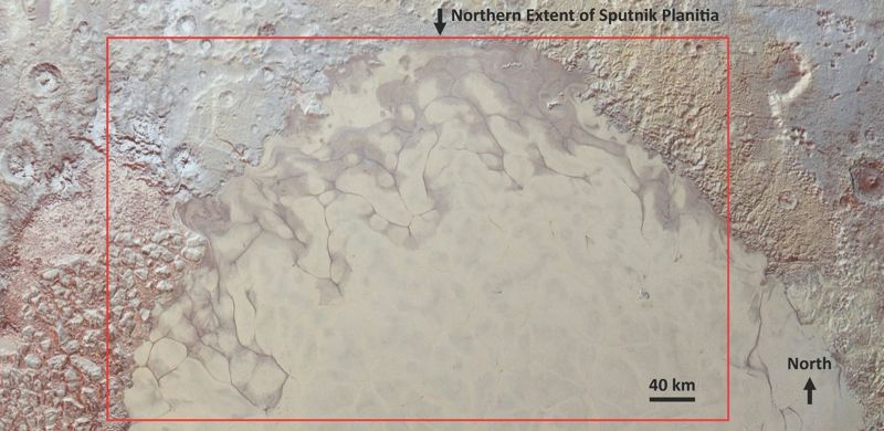 Surface of Pluto showing area marked by glacier of liquid nitrogen.