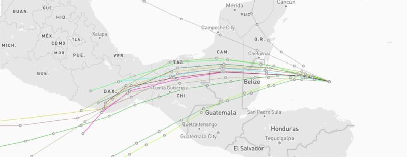 Spaghetti plot of a hurricane path.